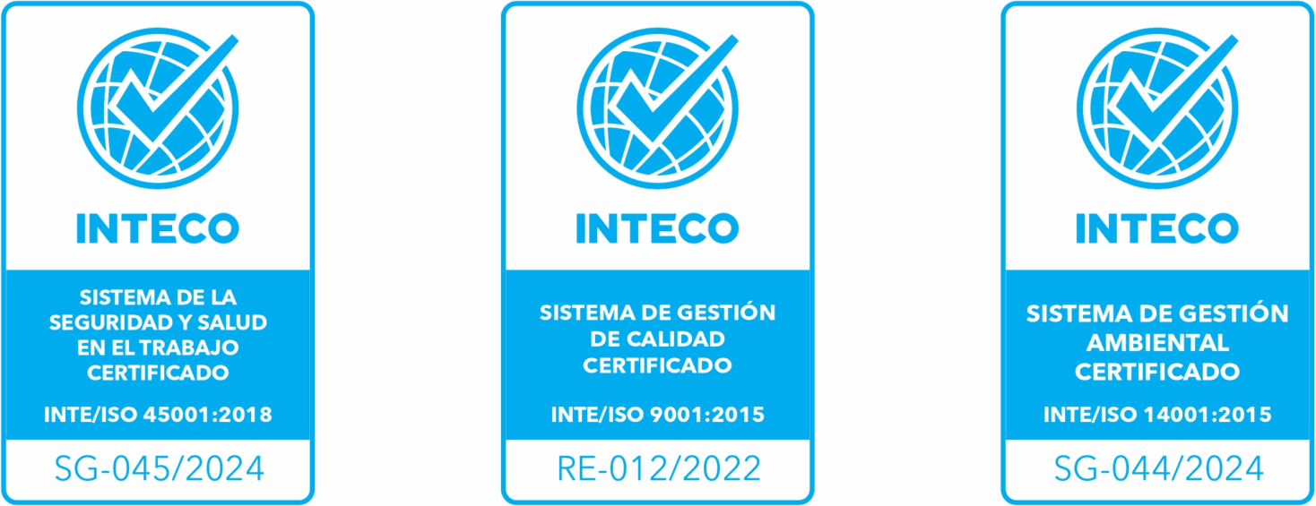 Certificaciones INTECO: ISO 45001:2018 (Seguridad y Salud), ISO 9001:2015 (Gestión de Calidad), ISO 14001:2015 (Gestión Ambiental)